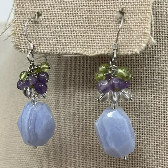 Ross-Simons Blue Agate Amethyst Peridot Quartz Cluster Dangle Earrings 11.6g - Picture 4 of 15